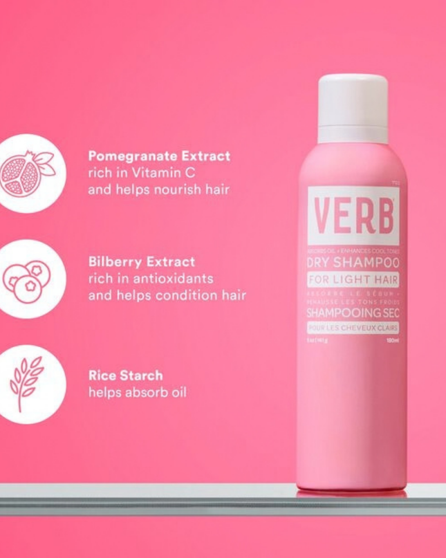 Verb® Dry Shampoo Light refreshes hair, extends style and boosts body. Powered by pomegranate extract, bilberry extract and rice starch to absorb oil and odors while cleansing hair. This formula is tinted purple to disappear in blonde and lighter hair colors. No benzene detected.*