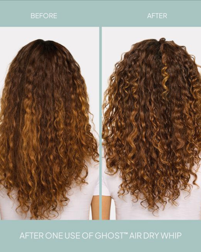 Just wash and go! Ghost™ Air Dry Whip is a lightweight, air-dry styling cream that defines, smooths and adds texture to hair without any crunchiness. Powered by moringa oil, mushroom extract and a blend of vegan proteins, this whip reduces frizz and delivers shine. 