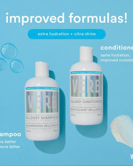 Now with a new and improved formula, Verb® Glossy Shampoo adds extra moisture and intense glossy shine to dry, dull and damaged hair. Powered by peach oil, squalane, rosehip oil and a shine-enhancing complex, this shampoo has slightly more foam-ability and leaves hair feeling extra hydrated with a glass-like shine.