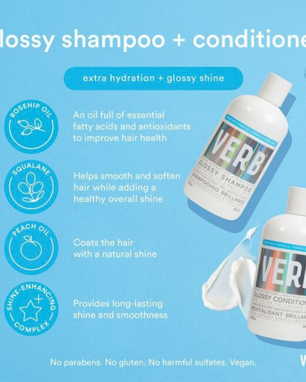 Now with a new and improved formula, Verb® Glossy Shampoo adds extra moisture and intense glossy shine to dry, dull and damaged hair. Powered by peach oil, squalane, rosehip oil and a shine-enhancing complex, this shampoo has slightly more foam-ability and leaves hair feeling extra hydrated with a glass-like shine.