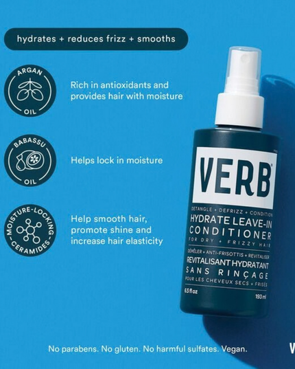 Verb® Hydrate Leave-in Conditioner detangles, hydrates and nourishes hair. Powered by argan oil, babassu oil and a moisture-locking ceramide, this leave-in conditioner adds extra moisture, fights frizz and leaves hair soft and tangle-free.