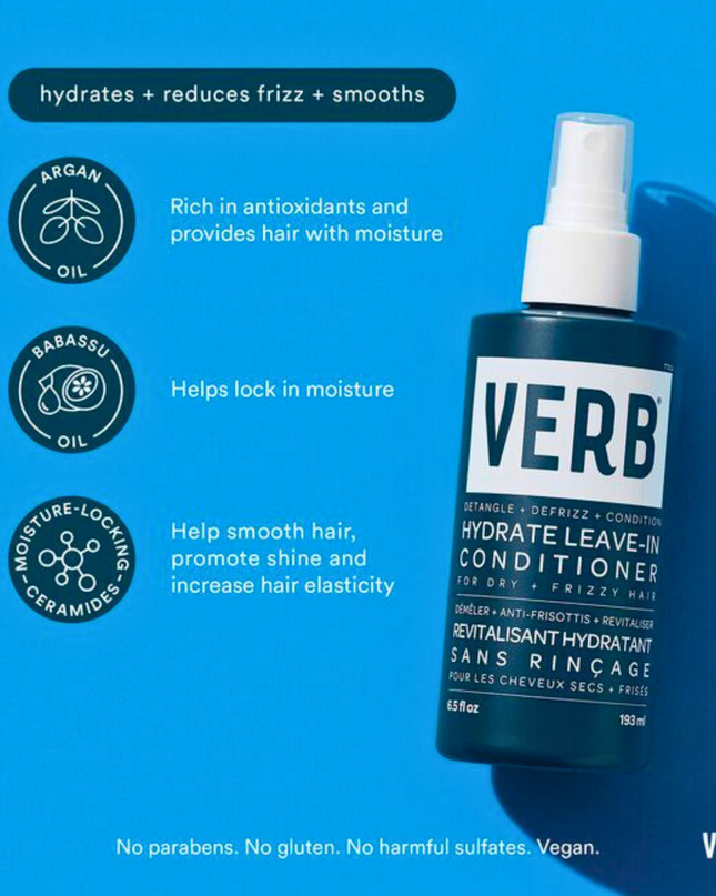 Verb® Hydrate Leave-in Conditioner detangles, hydrates and nourishes hair. Powered by argan oil, babassu oil and a moisture-locking ceramide, this leave-in conditioner adds extra moisture, fights frizz and leaves hair soft and tangle-free.
