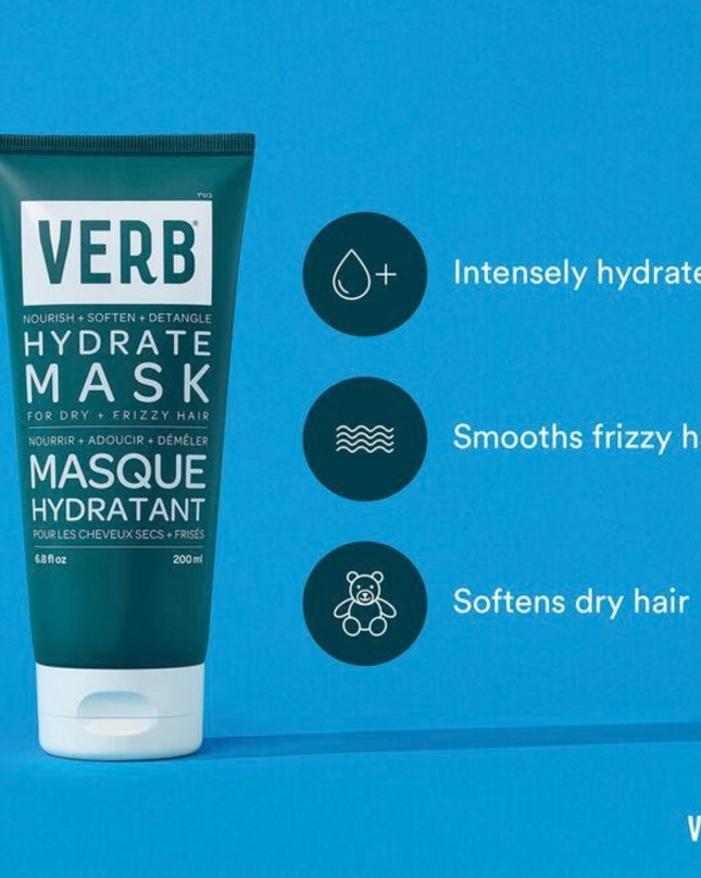 Verb Hydrate Mask intensely hydrates and nourishes dry, frizzy hair. Powered by argan oil, babassu oil, moisture-locking ceramides and a softening complex, this deep-conditioning mask adds moisture and reduces frizz for silky, soft hair.