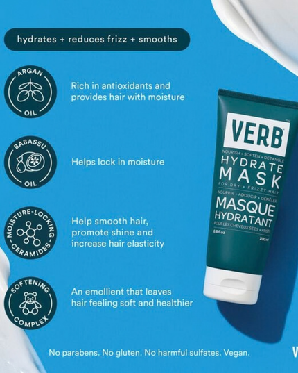 Verb Hydrate Mask intensely hydrates and nourishes dry, frizzy hair. Powered by argan oil, babassu oil, moisture-locking ceramides and a softening complex, this deep-conditioning mask adds moisture and reduces frizz for silky, soft hair.