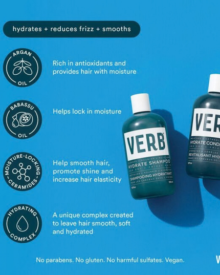 Verb® Hydrate Shampoo gently cleanses and adds moisture to dry, frizzy hair. Powered by argan oil, babassu oil, a moisture-locking ceramide and a hydrating complex, this shampoo is formulated to leave hair nourished.
