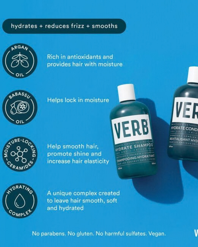 Verb® Hydrate Shampoo gently cleanses and adds moisture to dry, frizzy hair. Powered by argan oil, babassu oil, a moisture-locking ceramide and a hydrating complex, this shampoo is formulated to leave hair nourished.
