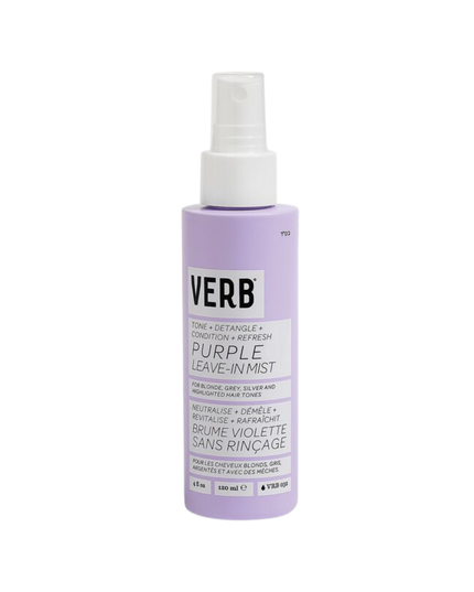 Verb® Purple Leave-in Mist is a three-in-one mist for toning, detangling and hydration. Formulated with pro-grade violet pigment, açai extract and apple cider vinegar, this mist was designed to neutralize brassy yellow hues, refresh hair and condition ends between washes.