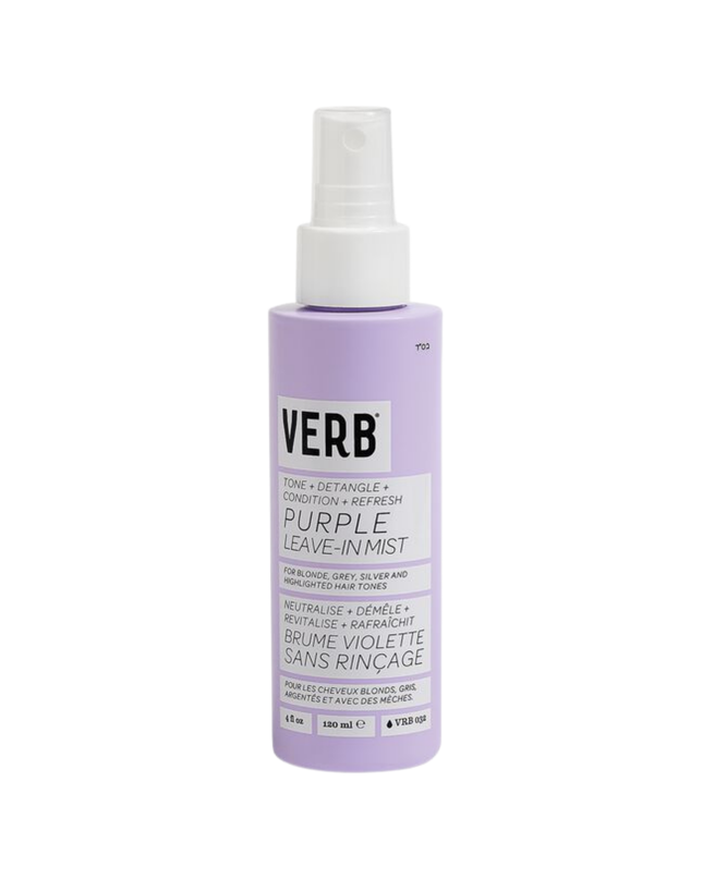 Verb® Purple Leave-in Mist is a three-in-one mist for toning, detangling and hydration. Formulated with pro-grade violet pigment, açai extract and apple cider vinegar, this mist was designed to neutralize brassy yellow hues, refresh hair and condition ends between washes.