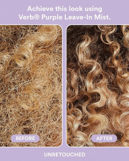 Verb® Purple Leave-in Mist is a three-in-one mist for toning, detangling and hydration. Formulated with pro-grade violet pigment, açai extract and apple cider vinegar, this mist was designed to neutralize brassy yellow hues, refresh hair and condition ends between washes.