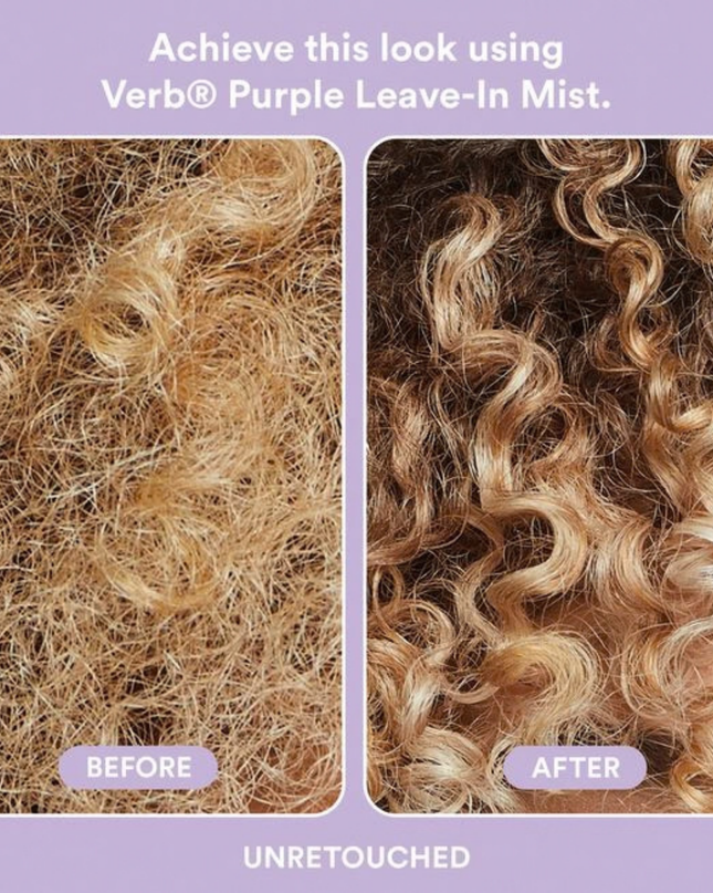 Verb® Purple Leave-in Mist is a three-in-one mist for toning, detangling and hydration. Formulated with pro-grade violet pigment, açai extract and apple cider vinegar, this mist was designed to neutralize brassy yellow hues, refresh hair and condition ends between washes.