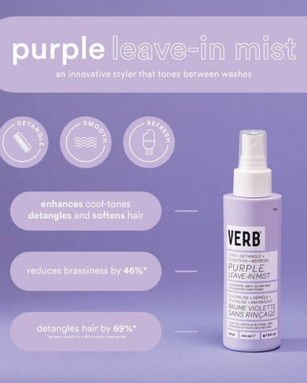 Verb® Purple Leave-in Mist is a three-in-one mist for toning, detangling and hydration. Formulated with pro-grade violet pigment, açai extract and apple cider vinegar, this mist was designed to neutralize brassy yellow hues, refresh hair and condition ends between washes.