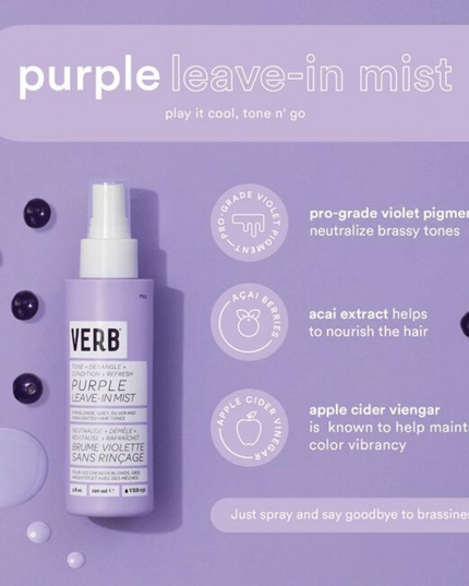 Verb® Purple Leave-in Mist is a three-in-one mist for toning, detangling and hydration. Formulated with pro-grade violet pigment, açai extract and apple cider vinegar, this mist was designed to neutralize brassy yellow hues, refresh hair and condition ends between washes.