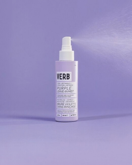 Verb® Purple Leave-in Mist is a three-in-one mist for toning, detangling and hydration. Formulated with pro-grade violet pigment, açai extract and apple cider vinegar, this mist was designed to neutralize brassy yellow hues, refresh hair and condition ends between washes.