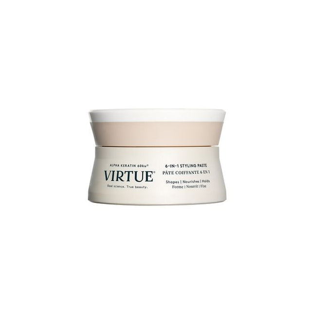 Virtue® 6-In-1 Styling Paste is a medium-hold styler that texturizes, shapes, nourishes, protects, and adds shine to short hair. Creamy and lightweight, this does-it-all formula marries pliability with hold for short hair styles that last all day––and into the next.