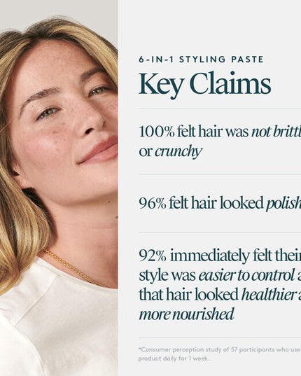Virtue® 6-In-1 Styling Paste is a medium-hold styler that texturizes, shapes, nourishes, protects, and adds shine to short hair. Creamy and lightweight, this does-it-all formula marries pliability with hold for short hair styles that last all day––and into the next.