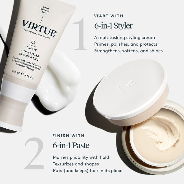 Virtue® 6-In-1 Styling Paste is a medium-hold styler that texturizes, shapes, nourishes, protects, and adds shine to short hair. Creamy and lightweight, this does-it-all formula marries pliability with hold for short hair styles that last all day––and into the next.