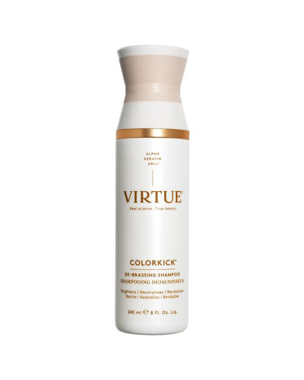 ColorKick® De-Brassing Shampoo uses a 100% natural colorant blend to brighten, tone, and gently neutralize brassiness on natural and color-treated hair shades, including silver and gray. Plant-derived humectants hydrate and detangle hair, while Virtue’s proprietary Alpha Keratin 60ku® protein strengthens and repairs all hair types with each use.
