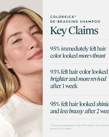 ColorKick® De-Brassing Shampoo uses a 100% natural colorant blend to brighten, tone, and gently neutralize brassiness on natural and color-treated hair shades, including silver and gray. Plant-derived humectants hydrate and detangle hair, while Virtue’s proprietary Alpha Keratin 60ku® protein strengthens and repairs all hair types with each use.