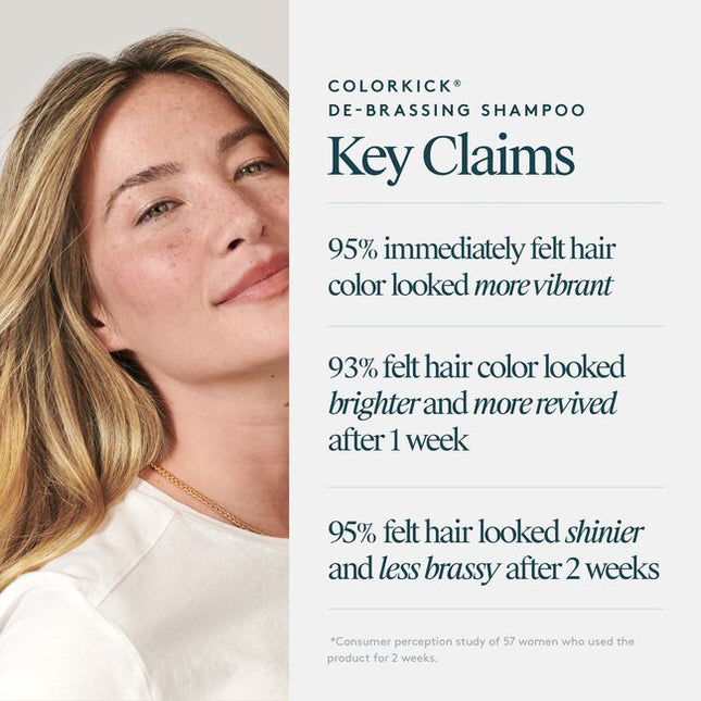 ColorKick® De-Brassing Shampoo uses a 100% natural colorant blend to brighten, tone, and gently neutralize brassiness on natural and color-treated hair shades, including silver and gray. Plant-derived humectants hydrate and detangle hair, while Virtue’s proprietary Alpha Keratin 60ku® protein strengthens and repairs all hair types with each use.