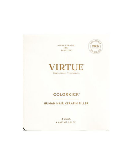 Virtue® ColorKick® is the first-ever hair filler made from 100% pure, human keratin. Mixed right in the color bowl, it repaves the cuticle of the hair and refills the keratin that’s eroded through the coloring process. Now you can lift higher, minimize breakage, and experience more vibrant color and shine, plus better gray coverage, and hair that’s actually healthier after coloring than it was before.