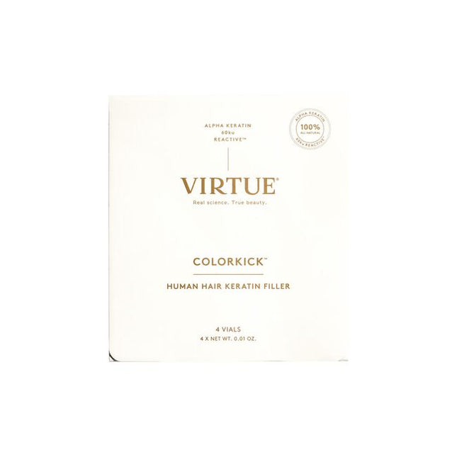 Virtue® ColorKick® is the first-ever hair filler made from 100% pure, human keratin. Mixed right in the color bowl, it repaves the cuticle of the hair and refills the keratin that’s eroded through the coloring process. Now you can lift higher, minimize breakage, and experience more vibrant color and shine, plus better gray coverage, and hair that’s actually healthier after coloring than it was before.