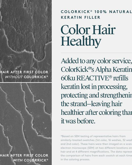 Virtue® ColorKick® is the first-ever hair filler made from 100% pure, human keratin. Mixed right in the color bowl, it repaves the cuticle of the hair and refills the keratin that’s eroded through the coloring process. Now you can lift higher, minimize breakage, and experience more vibrant color and shine, plus better gray coverage, and hair that’s actually healthier after coloring than it was before.
