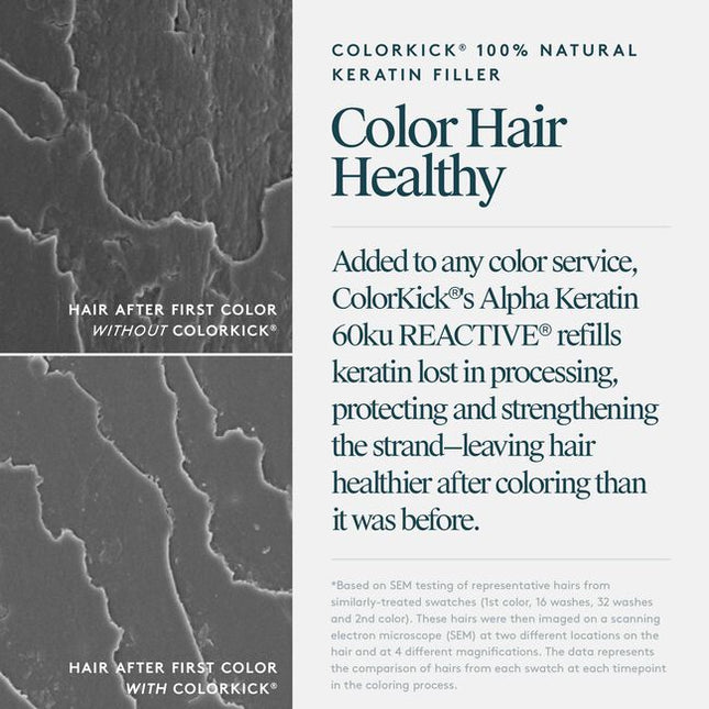 Virtue® ColorKick® is the first-ever hair filler made from 100% pure, human keratin. Mixed right in the color bowl, it repaves the cuticle of the hair and refills the keratin that’s eroded through the coloring process. Now you can lift higher, minimize breakage, and experience more vibrant color and shine, plus better gray coverage, and hair that’s actually healthier after coloring than it was before.