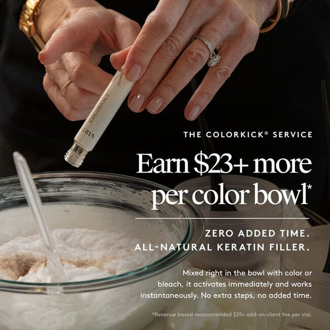 Virtue® ColorKick® is the first-ever hair filler made from 100% pure, human keratin. Mixed right in the color bowl, it repaves the cuticle of the hair and refills the keratin that’s eroded through the coloring process. Now you can lift higher, minimize breakage, and experience more vibrant color and shine, plus better gray coverage, and hair that’s actually healthier after coloring than it was before.