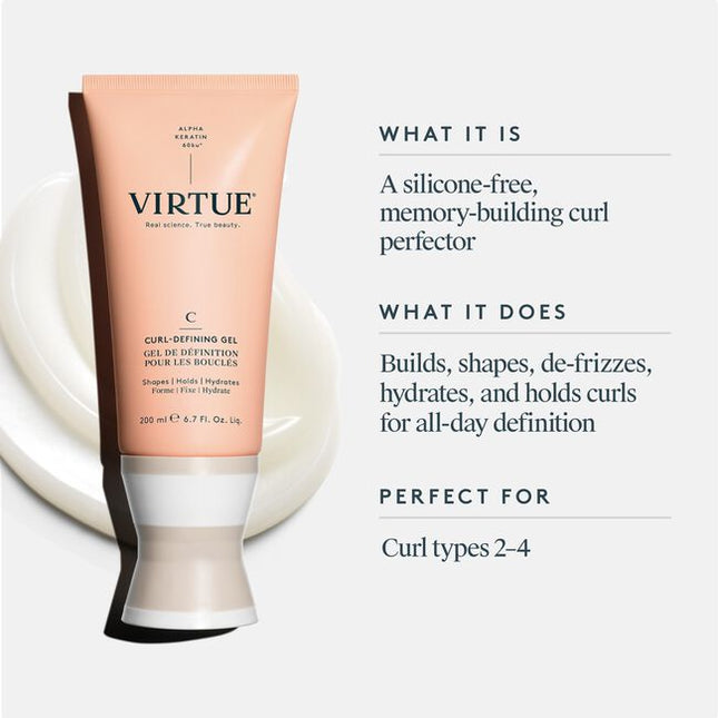 Virtue® Curl-Defining Gel is a memory-building curl perfector with the strength of a traditional gel definer but none of the slick, crunchy side effects. Sheer and smooth, it glides through hair to build, shape, de-frizz, and hold the curls you have––and the ones you never knew existed.