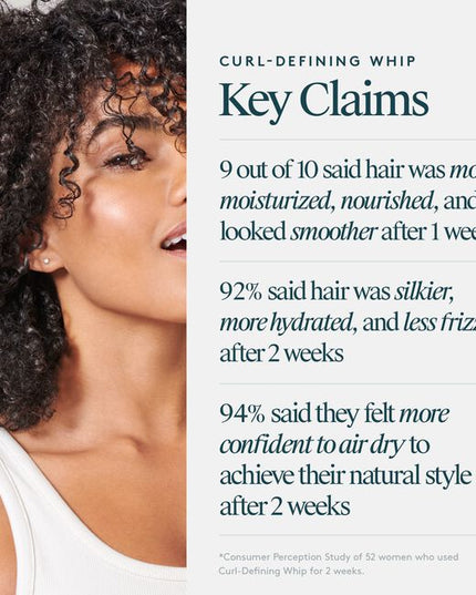 Virtue® Curl-Defining Whip is a hydrating cream that delivers touchable hold, fights frizz, and amplifies curl formation. ""It provides lightweight definition for bouncy curls and waves without the crunchy, sticky after-feel. Alpha Keratin 60ku® not only repaves damaged cuticles and refills microscopic cracks in hair, it also protects against humidity, heat, and environmental damage.