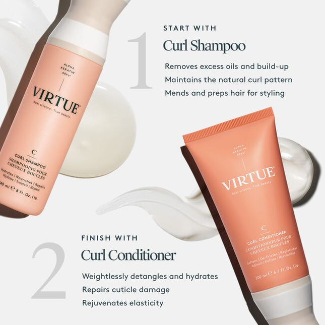 Virtue® Curl Shampoo is a rich, non-drying formula that gently cleanses while removing excess oils and build-up to maintain the natural curl pattern. It protects against humidity, heat, and environmental damage while mending and prepping hair for manageable, frizz-free styles.