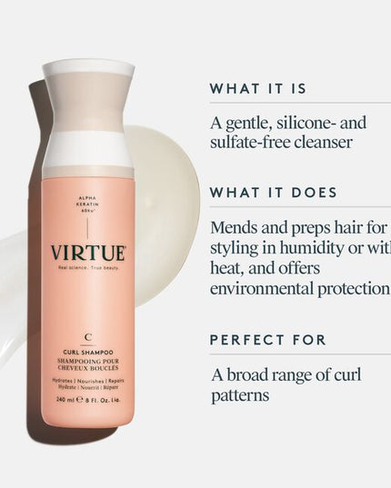 Virtue® Curl Shampoo is a rich, non-drying formula that gently cleanses while removing excess oils and build-up to maintain the natural curl pattern. It protects against humidity, heat, and environmental damage while mending and prepping hair for manageable, frizz-free styles.