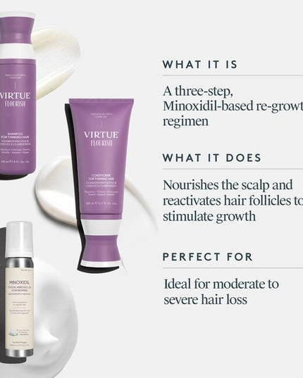 A Minoxidil-based regimen that nourishes the scalp and reactivates hair follicles to stimulate growth. The three-step system includes the Shampoo for Thinning Hair, Conditioner for Thinning Hair and Minoxidil 5% Foam. This regimen is ideal for moderate to severe hair loss due to: hereditary factors, hormonal fluctuations, nutritional deficiencies, and/or stress. Safe for chemically treated or colored hair.