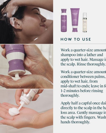 A Minoxidil-based regimen that nourishes the scalp and reactivates hair follicles to stimulate growth. The three-step system includes the Shampoo for Thinning Hair, Conditioner for Thinning Hair and Minoxidil 5% Foam. This regimen is ideal for moderate to severe hair loss due to: hereditary factors, hormonal fluctuations, nutritional deficiencies, and/or stress. Safe for chemically treated or colored hair.