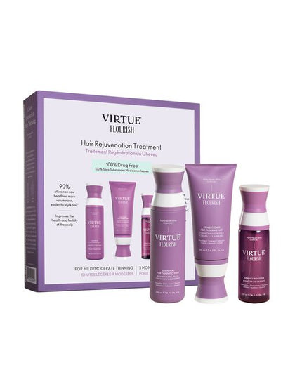 A 100% drug-free, botanical-based regimen that fuels fatigued follicles, nourishes the scalp, and thickens each hair. Virtue® Flourish®’s three-step system includes the Shampoo for Thinning Hair, Conditioner for Thinning Hair, and our drug-free Density Booster. This regimen is ideal for mild to moderate thinning and those seeking a more natural solution.