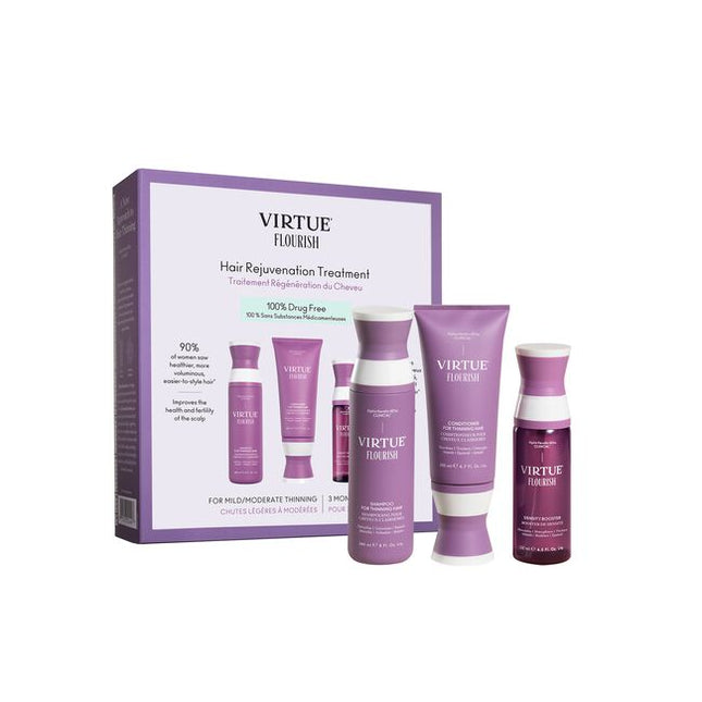 A 100% drug-free, botanical-based regimen that fuels fatigued follicles, nourishes the scalp, and thickens each hair. Virtue® Flourish®’s three-step system includes the Shampoo for Thinning Hair, Conditioner for Thinning Hair, and our drug-free Density Booster. This regimen is ideal for mild to moderate thinning and those seeking a more natural solution.