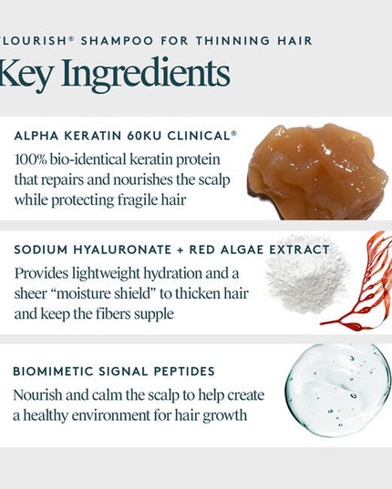 Virtue® Flourish® Shampoo for Thinning Hair delicately removes scalp buildup, cleanses the hair shaft, and clears debris from follicle openings, creating an environment for healthy growth.