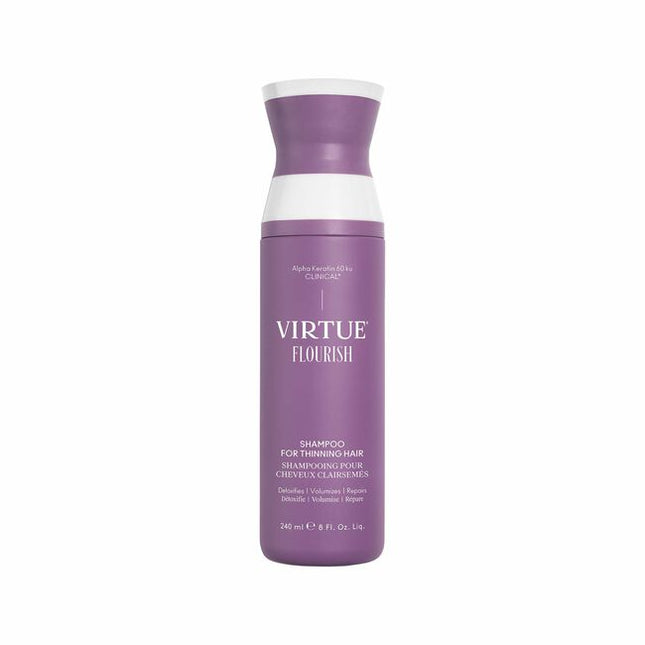 Virtue® Flourish® Shampoo for Thinning Hair delicately removes scalp buildup, cleanses the hair shaft, and clears debris from follicle openings, creating an environment for healthy growth.