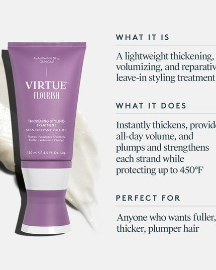 Flourish® Thickening Styling Treatment is your daily, all-in-one, leave-in solution to thicken, volumize, hydrate, and repair all types of fine or thinning hair. This powdery, soufflé-like cream is packed with densifying ingredients that deliver long-lasting volume, body, and bounce, plus heat protection up to 450°F. While it’s perfect for air-drying, Thickening Styling Treatment also helps hair stand up to styling tools, maintaining its integrity, shape, and overall health.