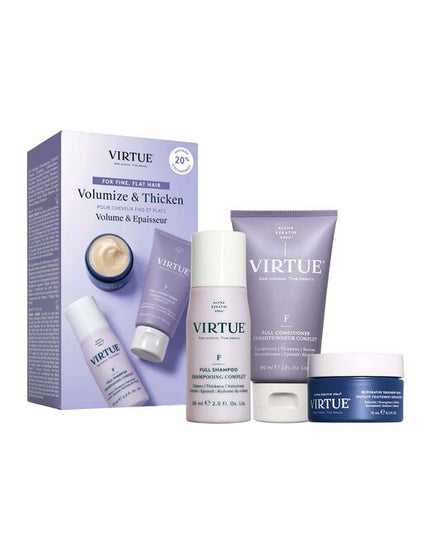 Transform fine, limp-looking hair with the Full Discovery Kit, a trio of award-winning formulas that add lustrous volume to the lengths. Featuring VIRTUE’s signature Alpha Keratin 60ku®, a protein with visibly thickening benefits, the set diminishes the look of damage for a silky finish.