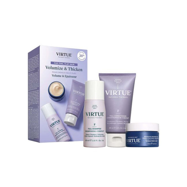Transform fine, limp-looking hair with the Full Discovery Kit, a trio of award-winning formulas that add lustrous volume to the lengths. Featuring VIRTUE’s signature Alpha Keratin 60ku®, a protein with visibly thickening benefits, the set diminishes the look of damage for a silky finish.