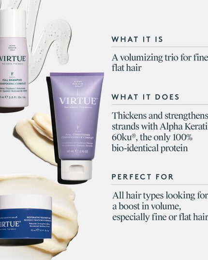 Transform fine, limp-looking hair with the Full Discovery Kit, a trio of award-winning formulas that add lustrous volume to the lengths. Featuring VIRTUE’s signature Alpha Keratin 60ku®, a protein with visibly thickening benefits, the set diminishes the look of damage for a silky finish.
