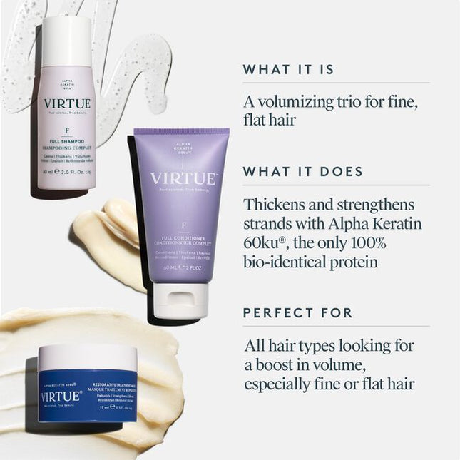 Transform fine, limp-looking hair with the Full Discovery Kit, a trio of award-winning formulas that add lustrous volume to the lengths. Featuring VIRTUE’s signature Alpha Keratin 60ku®, a protein with visibly thickening benefits, the set diminishes the look of damage for a silky finish.