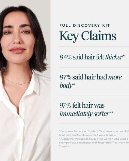 Transform fine, limp-looking hair with the Full Discovery Kit, a trio of award-winning formulas that add lustrous volume to the lengths. Featuring VIRTUE’s signature Alpha Keratin 60ku®, a protein with visibly thickening benefits, the set diminishes the look of damage for a silky finish.