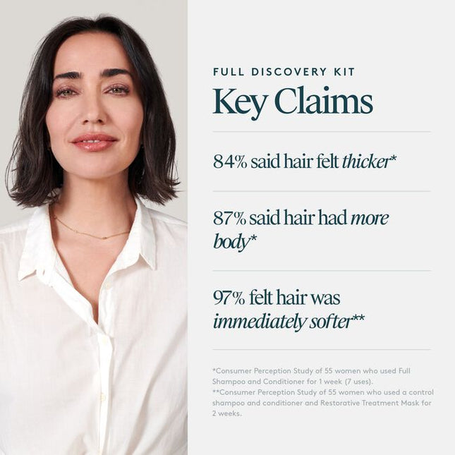 Transform fine, limp-looking hair with the Full Discovery Kit, a trio of award-winning formulas that add lustrous volume to the lengths. Featuring VIRTUE’s signature Alpha Keratin 60ku®, a protein with visibly thickening benefits, the set diminishes the look of damage for a silky finish.