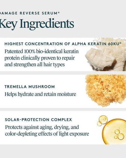 Damage Reverse/Remedy Serum® revolutionizes hair repair by not only fighting future damage, but by instantly repairing damage. Packed with the highest percentage of our bio-identical protein, Alpha Keratin 60ku®. This wonder-working miracle serum instantly repairs the severed bonds that give hair its strength, naturally restores damaged peptides to give hair elasticity, and refills each strand with keratin to smooth, soften, and protect from future harm.