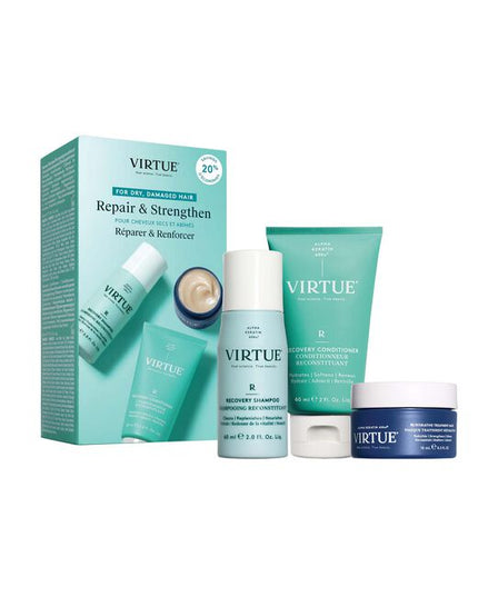 Powered by first-of-its-kind Alpha Keratin 60ku®, the VIRTUE Recovery Discovery Kit features a trio of high-performance formulas designed to nourish and visibly repair weakened strands. Infused with luxurious notes of creamy coconut and tropical yuzu extracts, the set delivers a rich, warm woody aroma.