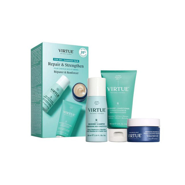 Powered by first-of-its-kind Alpha Keratin 60ku®, the VIRTUE Recovery Discovery Kit features a trio of high-performance formulas designed to nourish and visibly repair weakened strands. Infused with luxurious notes of creamy coconut and tropical yuzu extracts, the set delivers a rich, warm woody aroma.