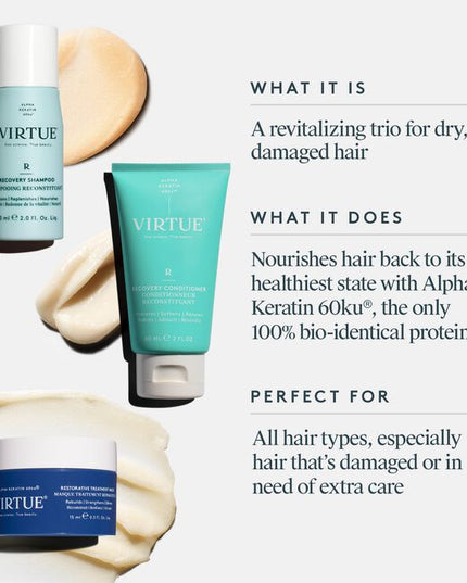 Powered by first-of-its-kind Alpha Keratin 60ku®, the VIRTUE Recovery Discovery Kit features a trio of high-performance formulas designed to nourish and visibly repair weakened strands. Infused with luxurious notes of creamy coconut and tropical yuzu extracts, the set delivers a rich, warm woody aroma.