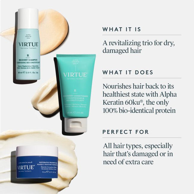 Powered by first-of-its-kind Alpha Keratin 60ku®, the VIRTUE Recovery Discovery Kit features a trio of high-performance formulas designed to nourish and visibly repair weakened strands. Infused with luxurious notes of creamy coconut and tropical yuzu extracts, the set delivers a rich, warm woody aroma.